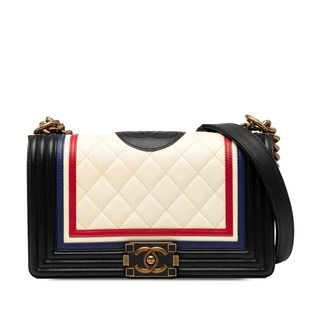CHANEL COCO MARK MATELASSE BOY CHAIN SHOULDER BAG: Chanel Coco Mark Matelasse Boy Chain Shoulder Bag Brand: Chanel Type/Style: Shoulder bag Material: Leather Color: Black, Multi-color Size: (HxWxD) 16cm x 25cm x 9cm / 6.29inch x 9.84inch x 3.54inch