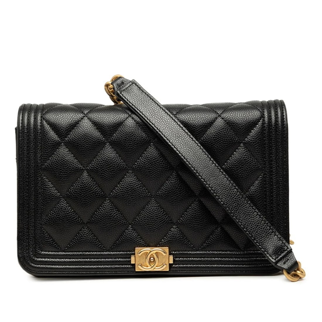 CHANEL COCO MARK BOY CHAIN WALLET SHOULDER BAG: Chanel Coco Mark Boy Chain Wallet Shoulder Bag Brand: Chanel Type/Style: Shoulder bag Material: Grained Calfskin Color: Black Size: (HxWxD) 12cm x 19cm x 5cm / 4.72inch x 7.48inch x 1.96inch Acces