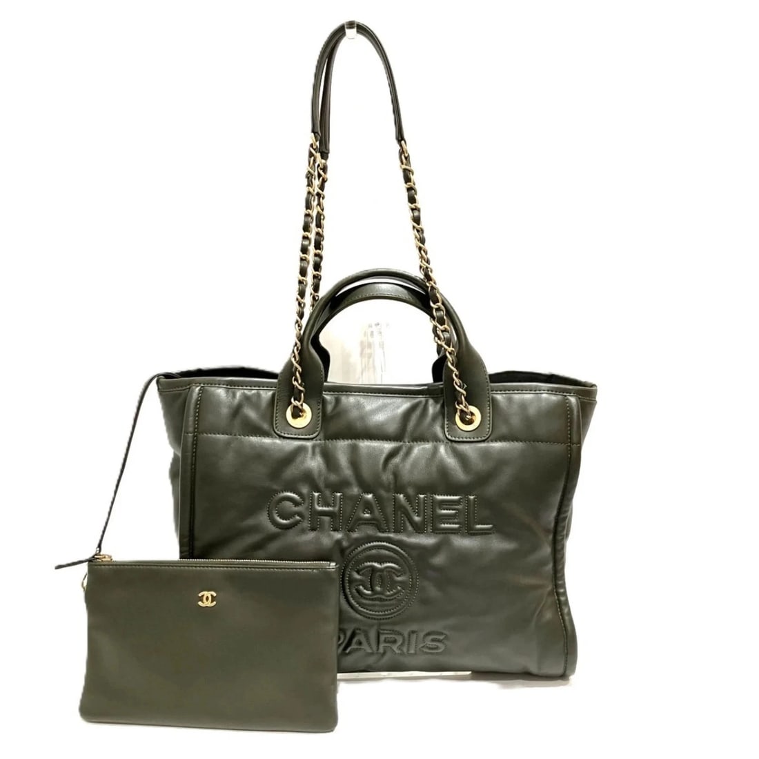 CHANEL DEAUVILLE 2-WAY SHOULDER BAG: Chanel Deauville 2-way Shoulder Bag Brand: Chanel Type/Style: Shoulder bag Material: Leather Color: Khaki Size: (HxWxD) 32cm x 32cm x 16cm / 12.59inch x 12.59inch x 6.29inch Accessories: None