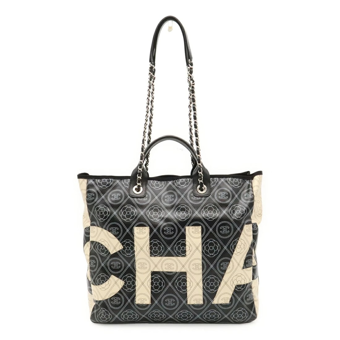 CHANEL CAMELLIA COCO MARK LARGE BAG: CHANEL Camellia Coco Mark Large Bag Brand: Chanel Type/Style: Shoulder bag, Tote bag Material: Coated canvas , Leather Color: Beige, Black Size: (HxWxD) 36.5cm x 52cm x 13.5cm / 14.37inch x 20.47inch 