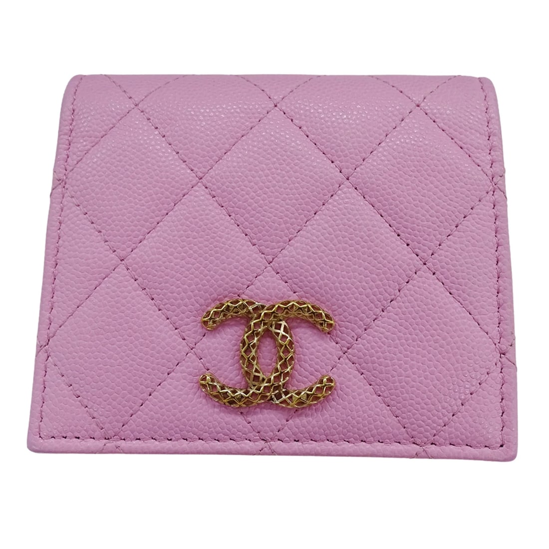 CHANEL WOMEN'S WALLET, BRAND NAME, BI-FOLD CAVIARSKINLEATHER: Chanel women's wallet, brand name, bi-fold CaviarSkinleather Brand: Chanel Type/Style: Wallet (bi-fold) Material: Grained Calfskin Color: Green, Pink Size: (HxWxD) 9cm x 10.5cm x 2.5cm / 3.54inch x 4.
