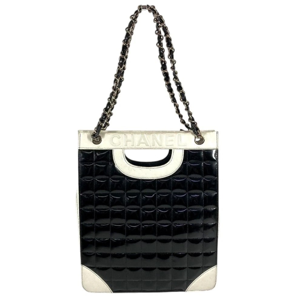 CHANEL BICOLOR LOGO CHOCOLATE BAR TOTE BAG DOUBLE CHAIN BAG: CHANEL Bicolor Logo Chocolate Bar Tote Bag Double Chain Bag Brand: CHANEL Type/Style: Shoulder Bag Material: Enamel / Leather Color: BlackxWhite Size: W10.4xH12.8xD3.1inch / W26.5cmxH32.5cmxD8cm A