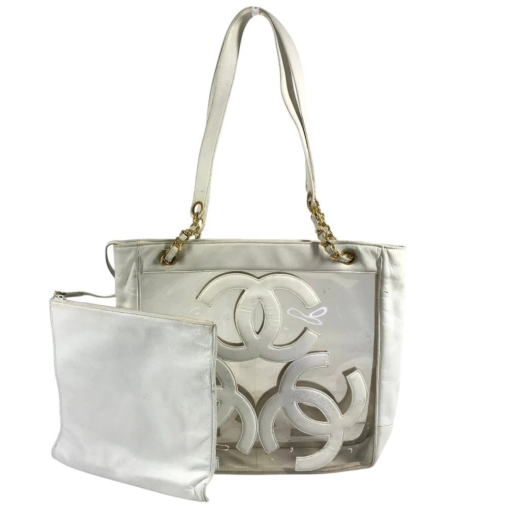 CHANEL LOGO TRIPLE COCO DOUBLE CHAIN SHOULDER TOTE BAG: CHANEL Logo Triple Coco Double Chain Shoulder Tote Bag Brand: CHANEL Type/Style: Shoulder Bag Material: Vinyl/Leather Color: White Size: W12.0xH12.2xD2.4inch / W30.5cmxH31cmxD6cm Accessories: None