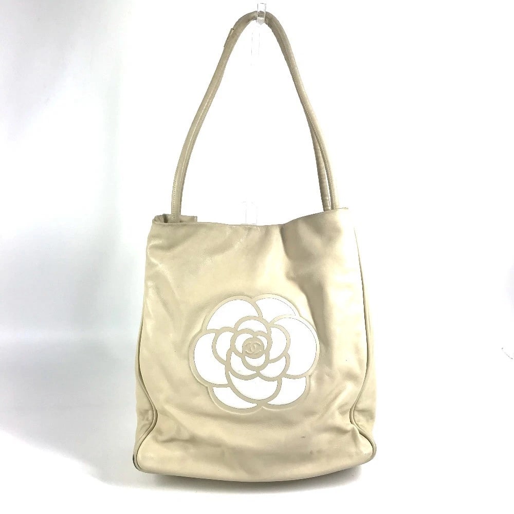 CHANEL CAMELIA LOGO BAG TOTE BAG SHOULDER BAG: CHANEL Camelia logo Bag Tote Bag Shoulder Bag Brand: CHANEL Type/Style: Shoulder Bag Material: Leather Color: BeigexWhite Size: W11.4xH12.8xD4.7inch / W29cmxH32.5cmxD12cm Accessories: None