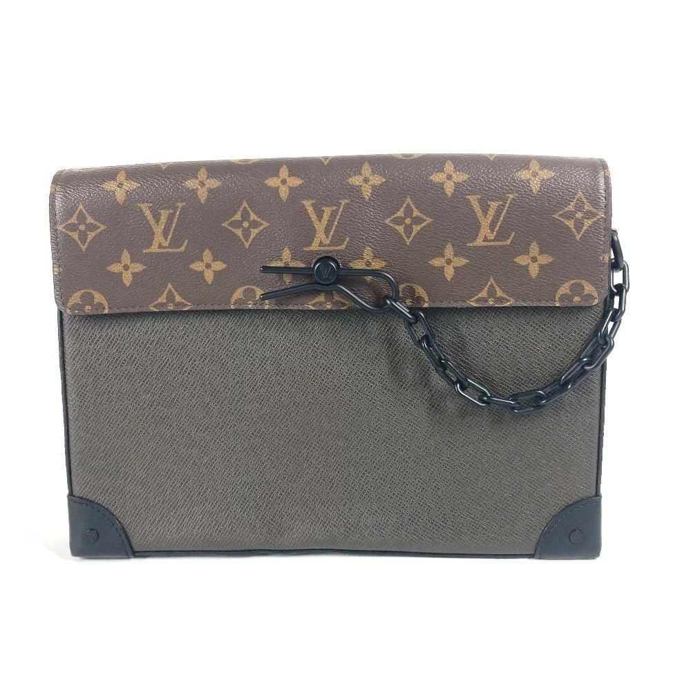 LOUIS VUITTON TAIGA MONOGRAM POCHETTE STEAMER BAG: LOUIS VUITTON Taiga Monogram Pochette Steamer Bag Brand: LOUIS VUITTON Type/Style: Clutch bag Material: Taiga Leather / MonogramCanvas Color: khakixBrown Size: W10.6xH7.9xD1.6inch / W27cmxH20cmxD4cm