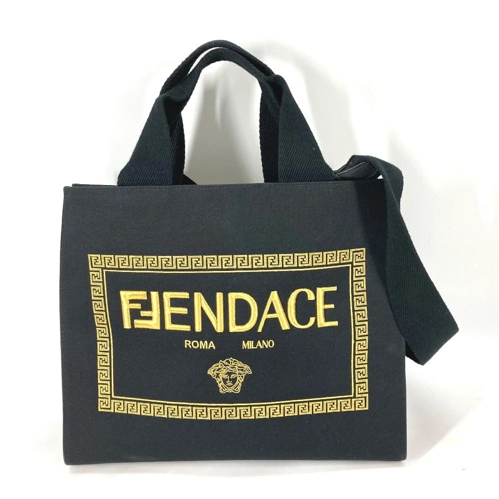 FENDI COLLABORATION 2WAY TOTE BAG CROSSBODY: FENDI collaboration 2WAY Tote Bag Crossbody Brand: FENDI Type/Style: Shoulder Bag Material: Canvas Color: BlackxGold Size: W15.7xH12.8xD6.9inch / W40cmxH32.5cmxD17.5cm Accessories: None Ac