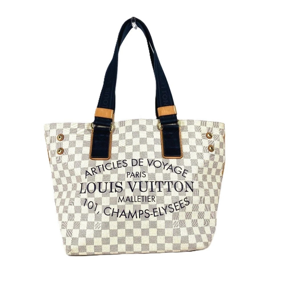 LOUIS VUITTON DAMIER AZUR PLAN SOLEIL CABAS PM BAG: LOUIS VUITTON Damier Azur Plan Soleil Cabas PM Bag Brand: LOUIS VUITTON Type/Style: Shoulder Bag Material: Damier Azur Canvas Color: White Size: W11.8xH11.4xD6.5inch / W30cmxH29cmxD16.5cm Accessor