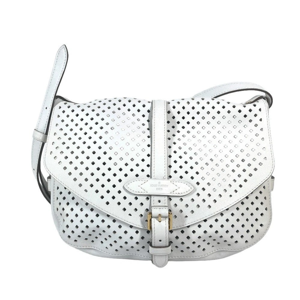 LOUIS VUITTON PERFO-LE FURORE SAUMUR PUNCHED MESSENGER BAG: LOUIS VUITTON Perfo-Le Furore Saumur Punched Messenger Bag Brand: LOUIS VUITTON Type/Style: Shoulder Bag Material: Leather Color: White Size: W11.8xH9.1xD2.6inch / W30cmxH23cmxD6.5cm Accessories: