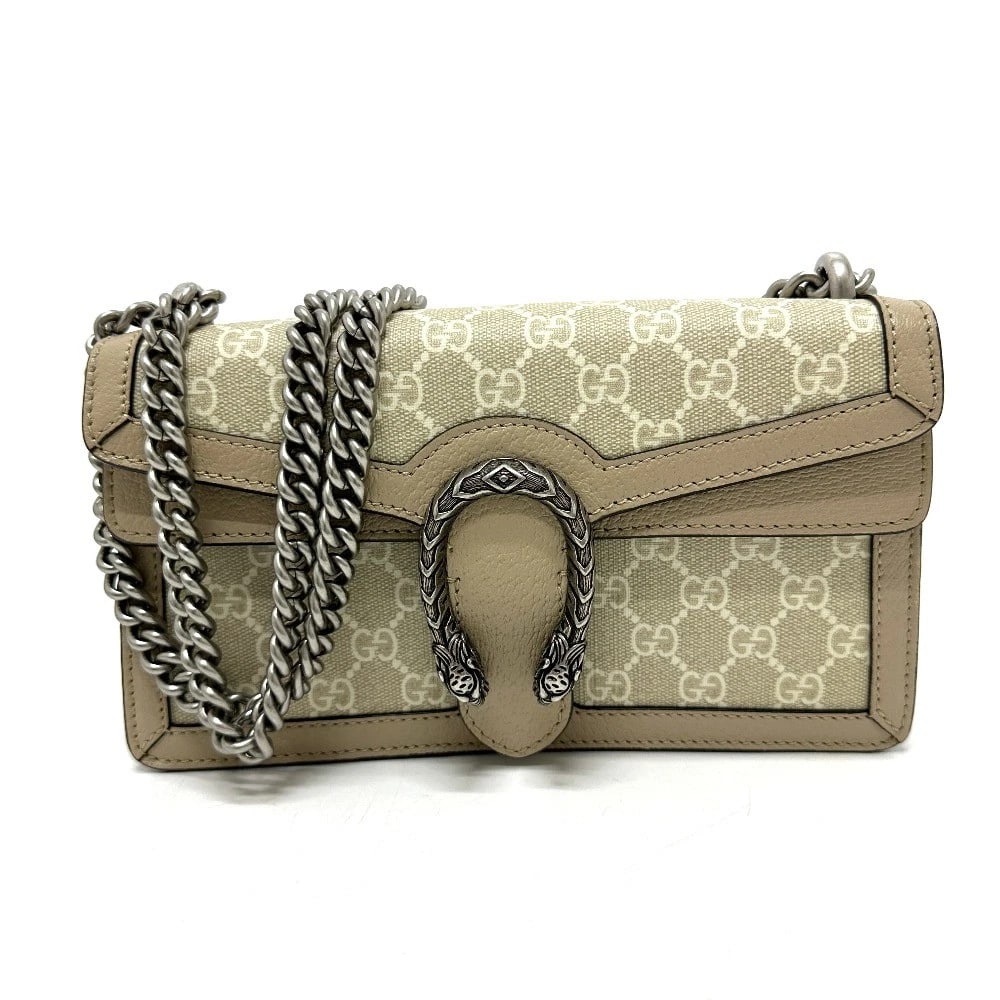 GUCCI DIONYSUS SHOULDER BAG SUPREME CANVAS BEIGE: GUCCI Dionysus Shoulder Bag Supreme Canvas Beige Brand: GUCCI Type/Style: Shoulder Bag Material: GG Supreme Canvas Color: BeigexMetal fittingsSilver Size: W9.8xH5.9xD1.6inch / W25cmxH15cmxD4cm Acc