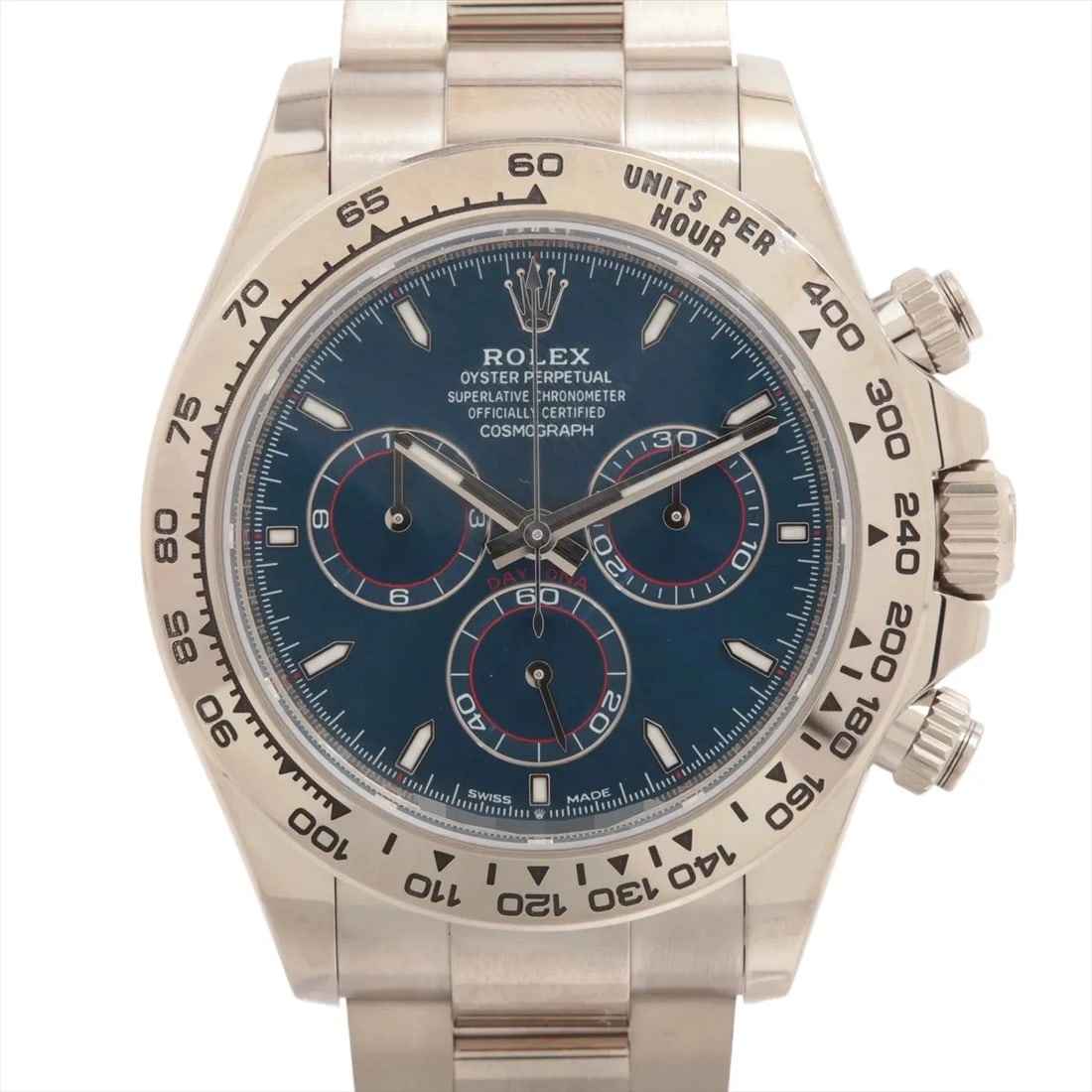 ROLEX COSMOGRAPH DAYTONA WG BRIGHT BLUE: Rolex Cosmograph Daytona WG bright blue Brand: Rolex Type/Style: Wristwatch Material: WG Color: Dial Color bright blue Size: Case:W1.6 x H1.6inch / W40 x H40 Circumference of Wrist:7.3inch / 18.5