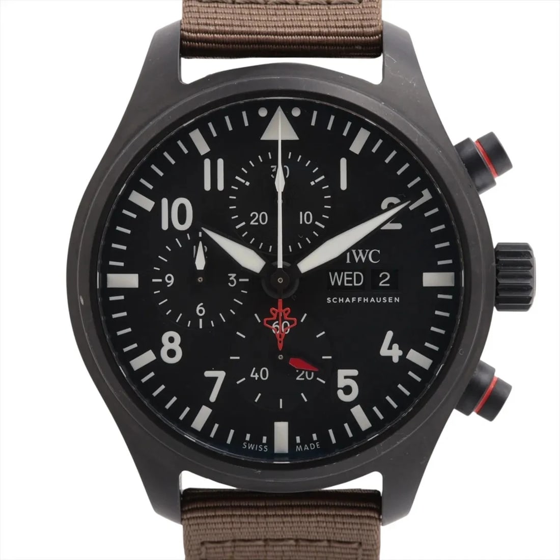 IWC PILOT WATCH CHRONOGRAPH CE X NYLON BLACK: IWC Pilot Watch Chronograph CE x nylon black Brand: IWC Type/Style: Wristwatch Material: CE x nylon Color: Dial Color Black Size: Case:W1.6 x H1.6inch / W44.5 x H44.5 Circumference of Wrist:7.3inch /