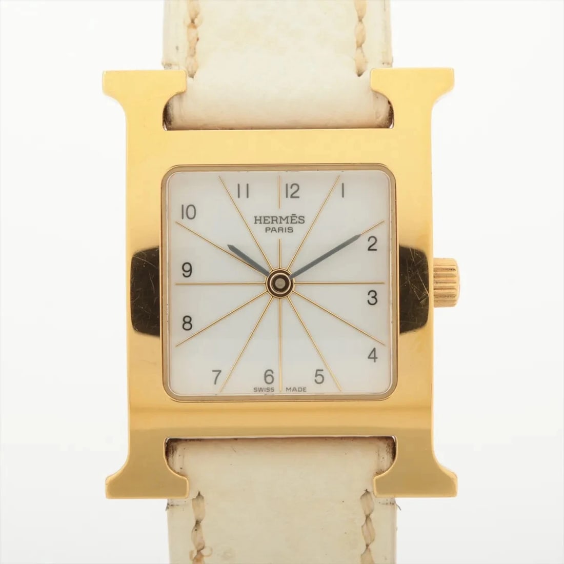 HERMES WATCH GP & LEATHER QZ WHITE: Hermes Watch GP & Leather QZ white Brand: Hermes Type/Style: Wristwatch Material: GP & Leather Color: Dial Color White Size: Case:W0.8 x H1.2inch / W21 x H30 Circumference of Wrist:6.1inch / 15.5