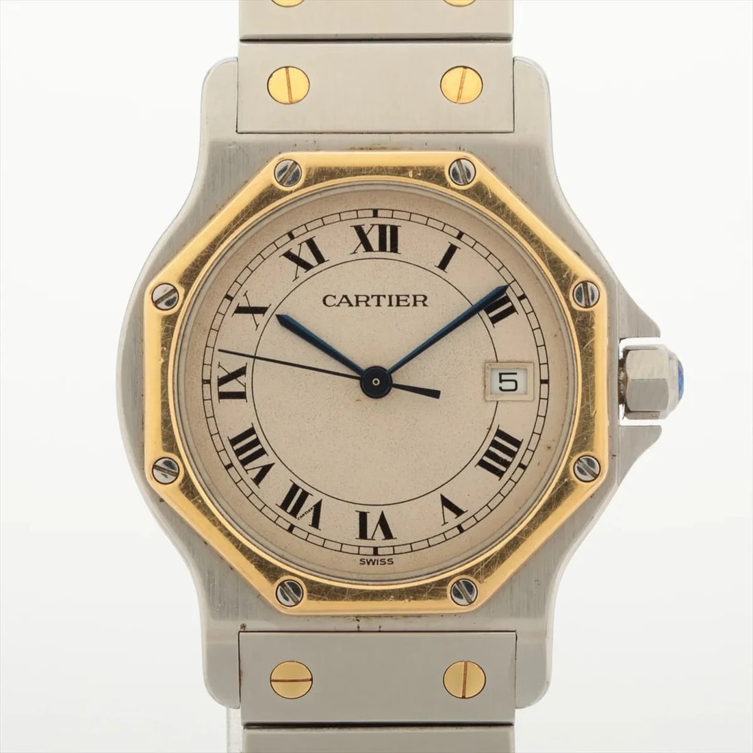 CARTIER SANTOS RONDO SS?YG QZ IVORY: Cartier Santos Rondo SS?YG QZ Ivory Brand: Cartier Type/Style: Wristwatch Material: SS?YG Color: Dial Color Ivory Size: Case:W0.8 x H0.8inch / W27 x H27 Circumference of Wrist:6.7inch / 17