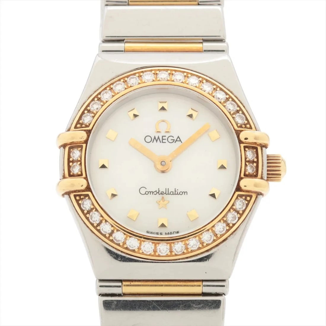 OMEGA CONSTELLATION SS?YG QZ WHITE SHELL: Omega Constellation SS?YG QZ white shell Brand: Omega Type/Style: Wristwatch Material: SS?YG Color: Dial Color white shell Size: Case:W0.8 x H0.8inch / W22 x H22 Circumference of Wrist:7.3inch / 18.5