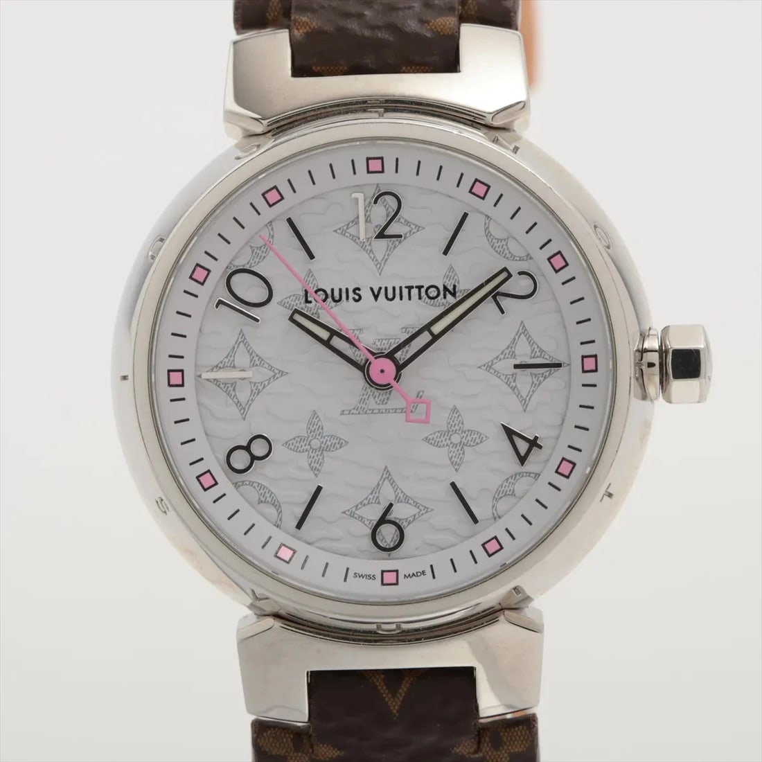 LOUIS VUITTON TAMBOUR SS & LEATHER QZ WHITE: Louis Vuitton Tambour SS & Leather QZ white Brand: Louis Vuitton Type/Style: Wristwatch Material: SS & Leather Color: Dial Color White Size: Case:W0.8 x H0.8inch / W26 x H26 Circumference of Wrist:6.1