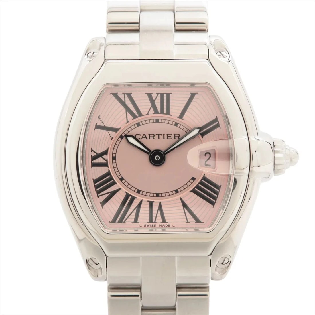 CARTIER MINI ROADSTER SS QZ PINK: Cartier Mini Roadster SS QZ Pink Brand: Cartier Type/Style: Wristwatch Material: SS Color: Dial Color Pink Size: Case:W1.2 x H1.2inch / W32 x H38 Circumference of Wrist:6.1inch / 15.5 Accessories: