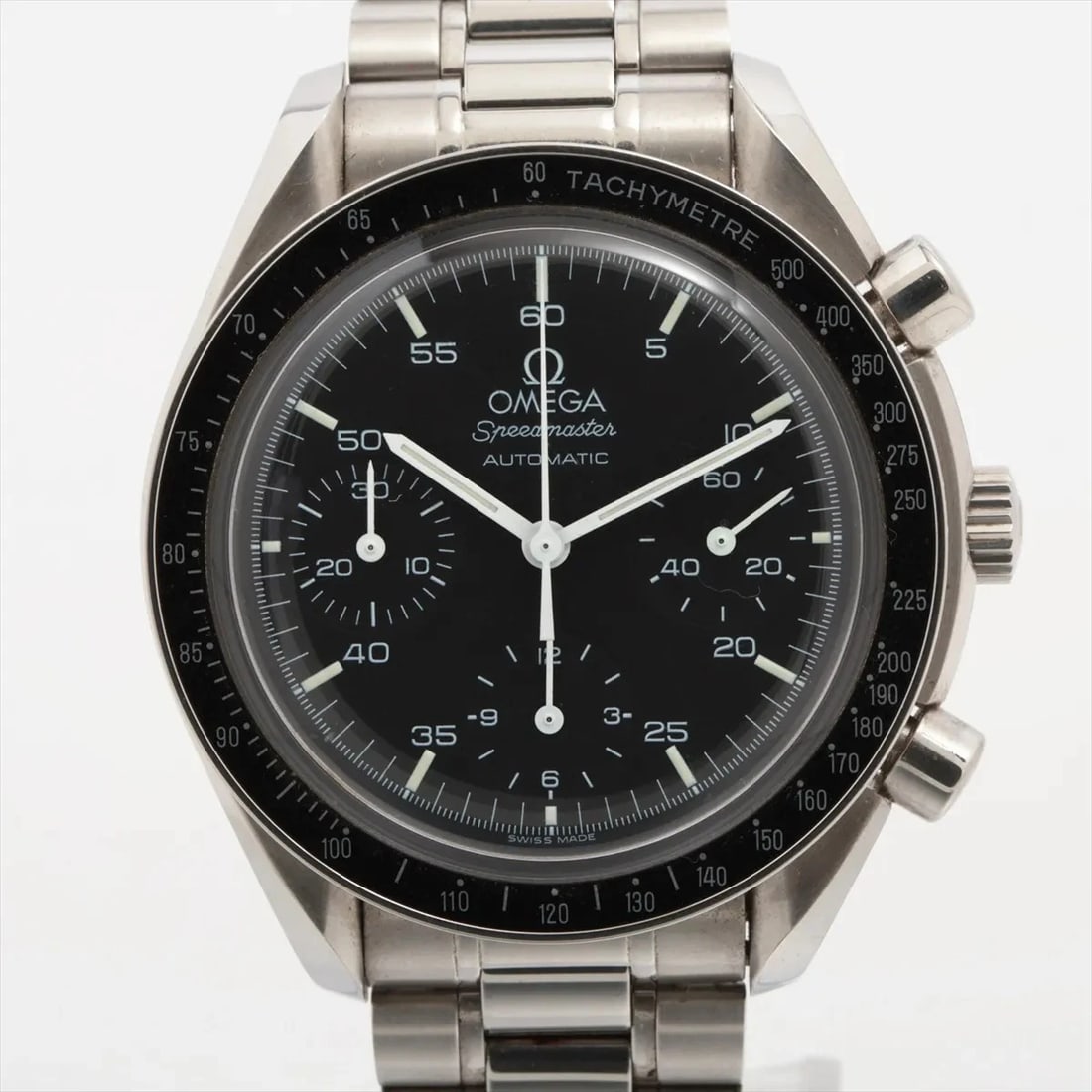 OMEGA SPEEDMASTER AUTOMATIC SS BLACK: Omega Speedmaster Automatic SS black Brand: Omega Type/Style: Wristwatch Material: SS Color: Dial Color Black Size: Case:W1.2 x H1.2inch / W39 x H39 Circumference of Wrist:6.5inch / 16.5 Accessories: