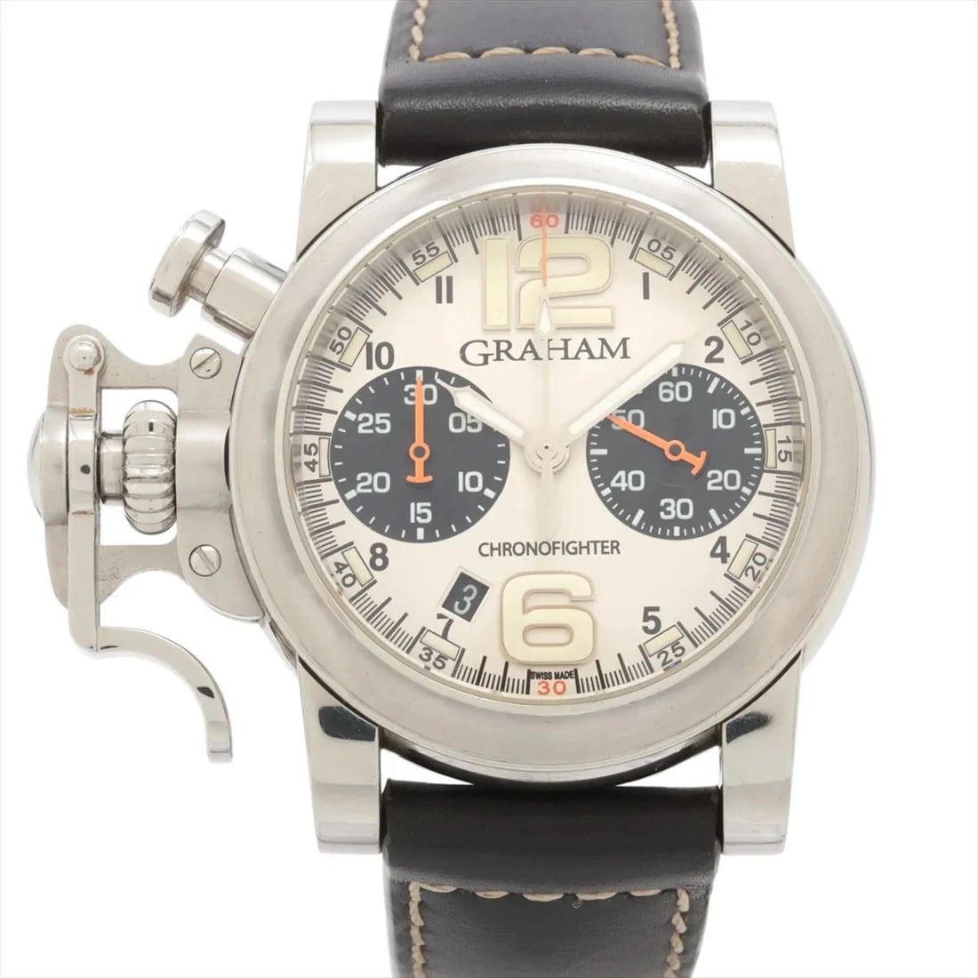 GRAHAM CHRONOFIGHTER SS & LEATHER SILVER: GRAHAM Chronofighter SS & Leather Silver Brand: GRAHAM Type/Style: Wristwatch Material: SS & Leather Color: Dial Color Silver Size: Case:W1.6 x H1.6inch / W42 x H42 Circumference of Wrist:6.3inch /