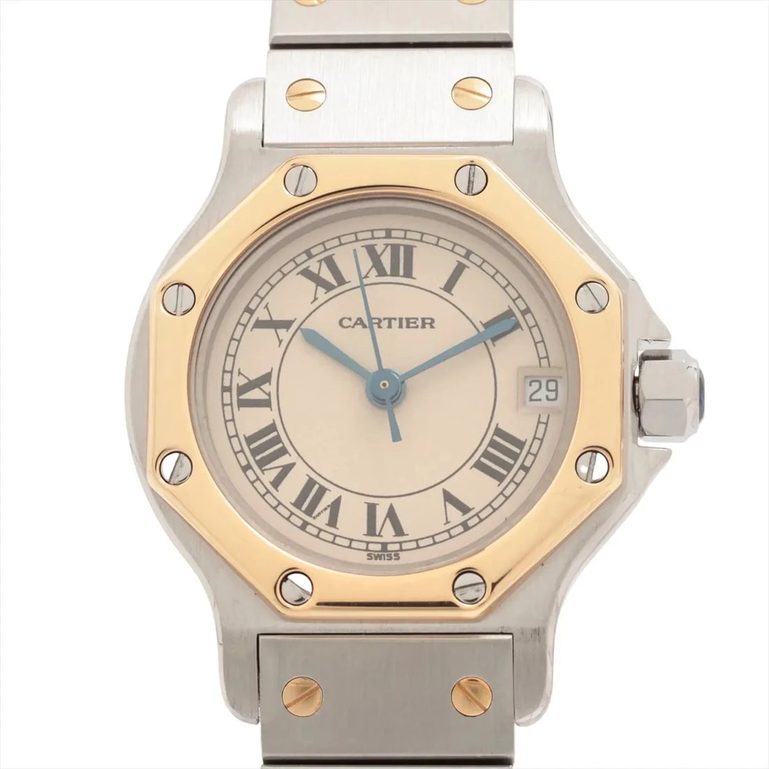 CARTIER SANTOS OCTAGON SS?YG QZ SILVER: Cartier Santos Octagon SS?YG QZ Silver Brand: Cartier Type/Style: Wristwatch Material: SS?YG Color: Dial Color Silver Size: Case:W0.8 x H0.8inch / W22 x H22 Circumference of Wrist:6.1inch / 15.5