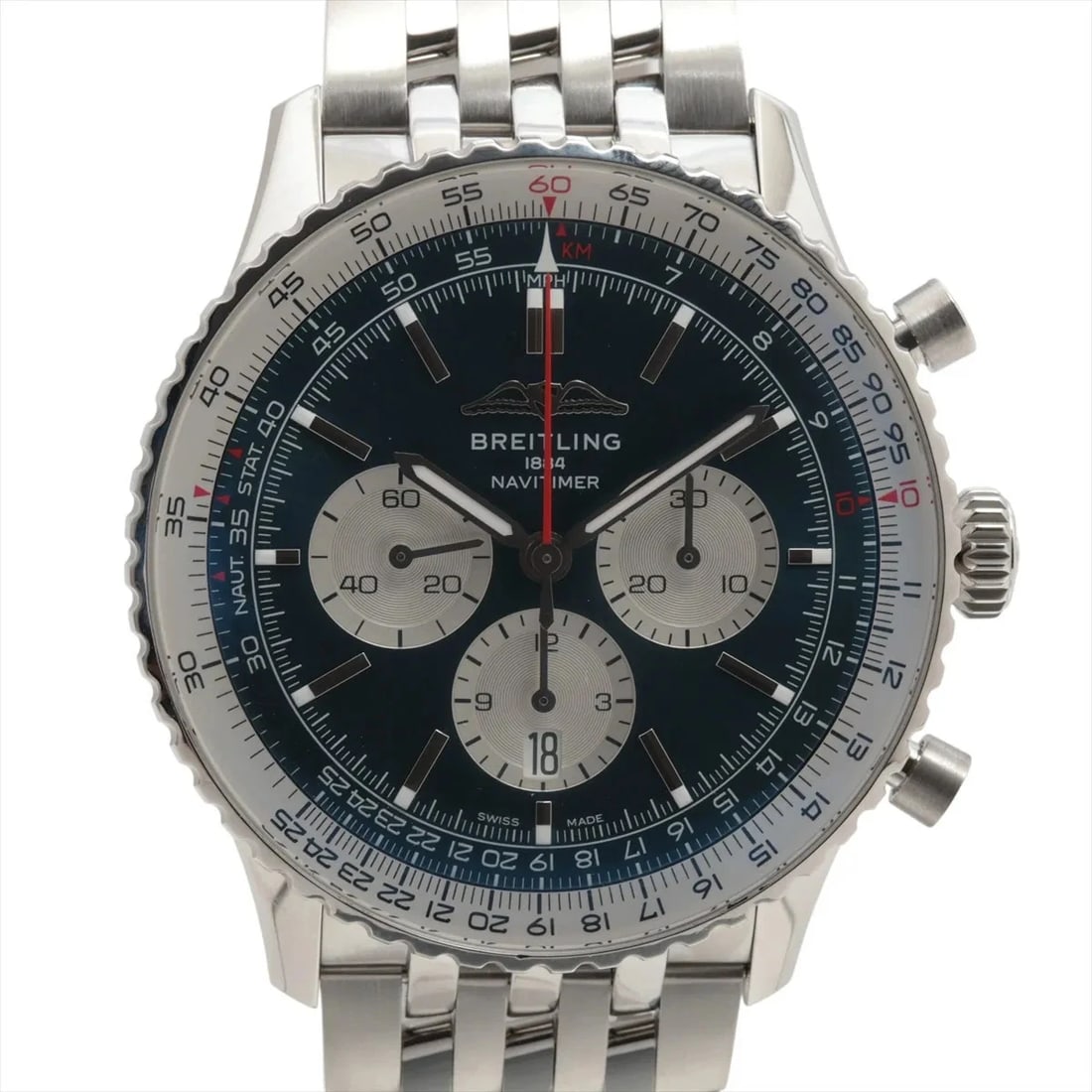 BREITLING NAVITIMER CHRONOGRAPH SS BLUE: Breitling Navitimer Chronograph SS blue Brand: Breitling Type/Style: Wristwatch Material: SS Color: Dial Color Blue Size: Case:W1.6 x H1.6inch / W46 x H46 Circumference of Wrist:8.3inch / 21 Acces