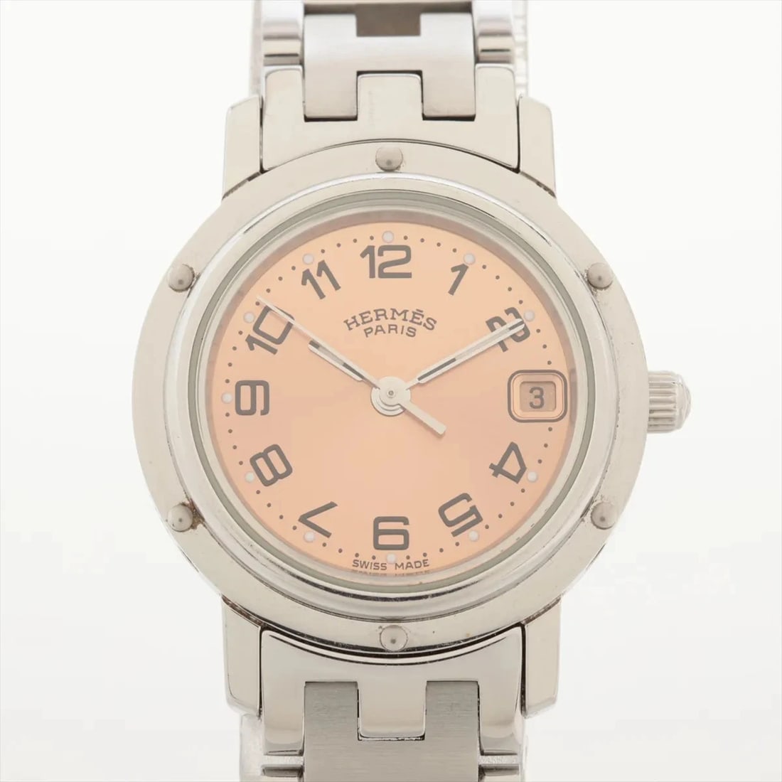 HERMES CLIPPER SS QZ PINK: Hermes Clipper SS QZ Pink Brand: Hermes Type/Style: Wristwatch Material: SS Color: Dial Color Pink Size: Case:W0.8 x H0.8inch / W23 x H23 Circumference of Wrist:5.5inch / 14 Accessories: None