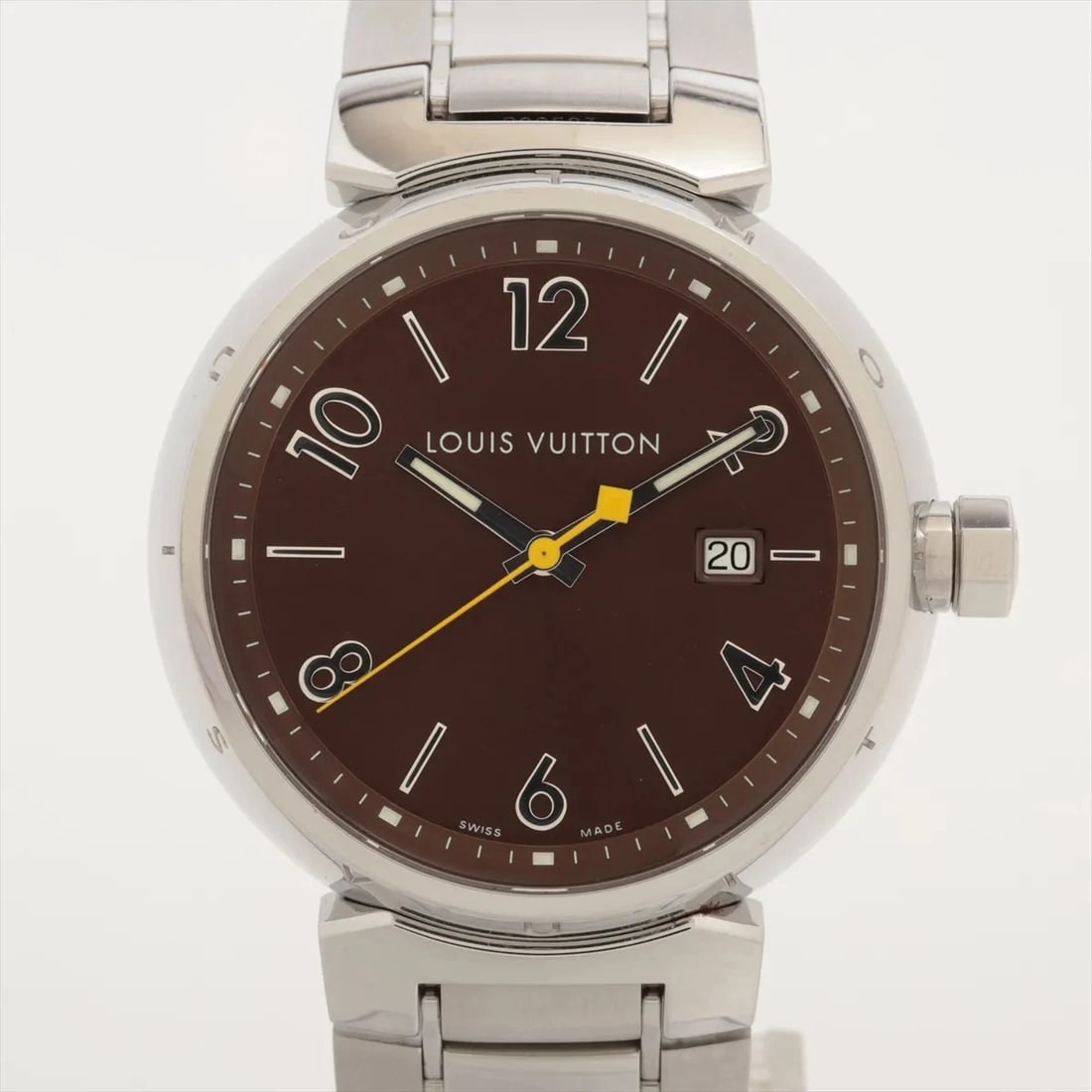 LOUIS VUITTON TAMBOUR SS QZ BROWN: Louis Vuitton Tambour SS QZ Brown Brand: Louis Vuitton Type/Style: Wristwatch Material: SS Color: Dial Color Brown Size: Case:W1.2 x H1.2inch / W37 x H37 Circumference of Wrist:6.7inch / 17