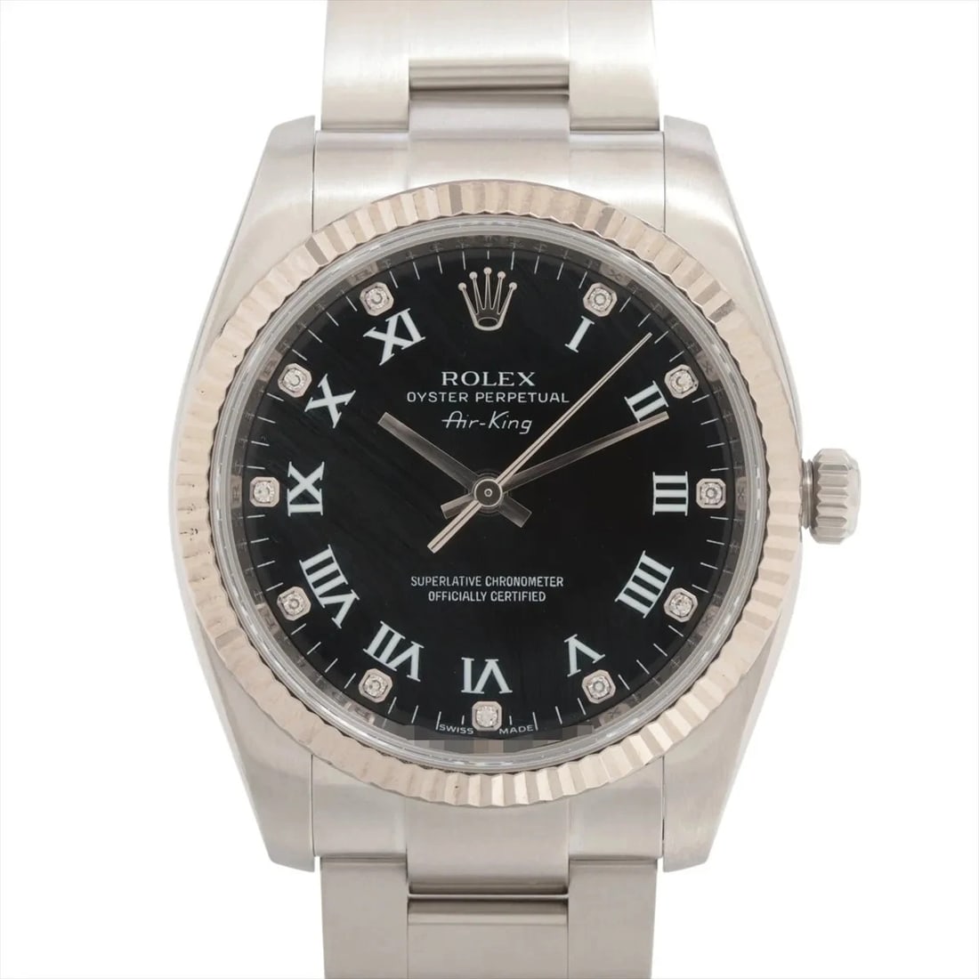 ROLEX AIR-KING SS?WG BLACK: Rolex Air-King SS?WG black Brand: Rolex Type/Style: Wristwatch Material: SS?WG Color: Dial Color Black Size: Case:W1.2 x H1.2inch / W34 x H34 Circumference of Wrist:7.1inch / 18 Accessories: None
