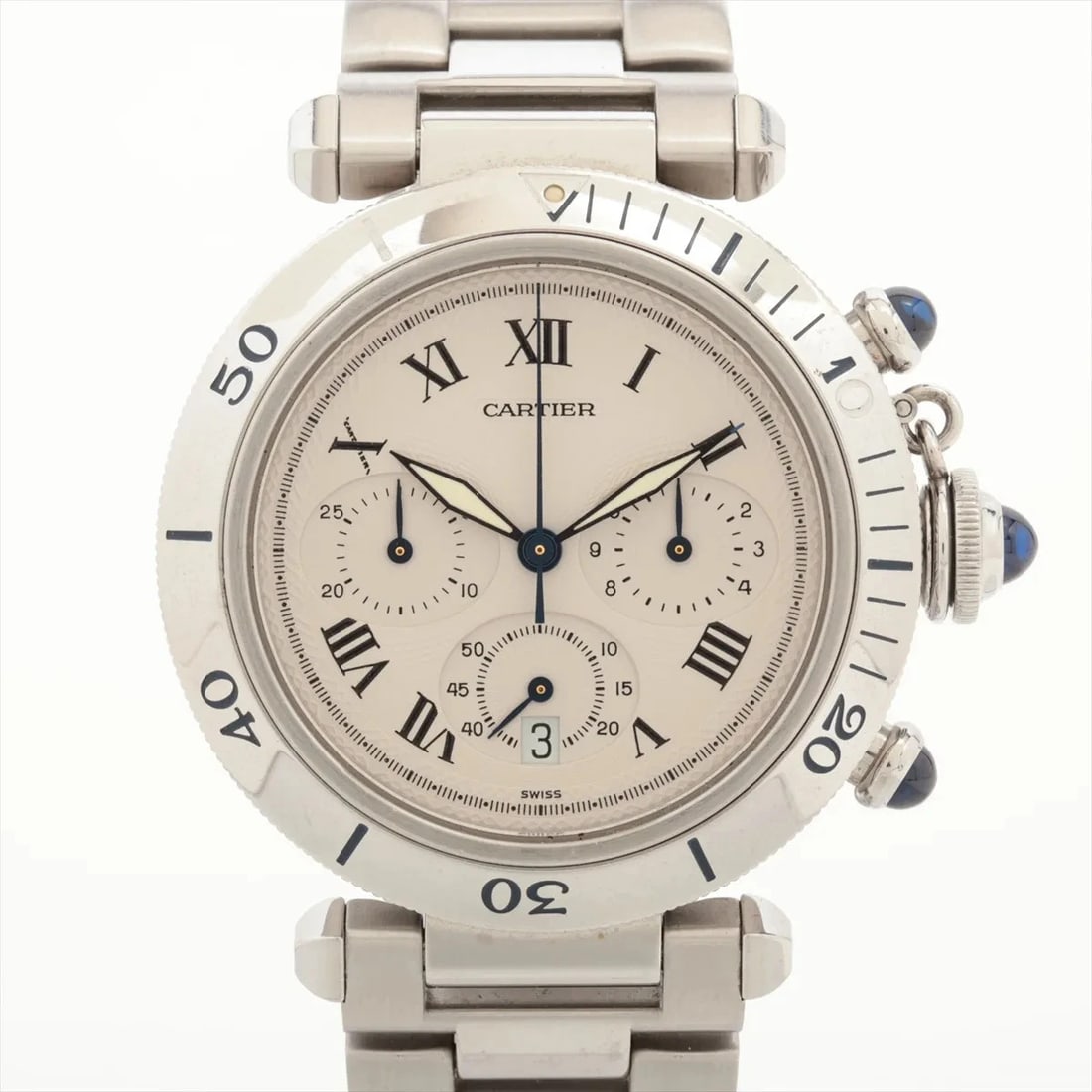 CARTIER PASHA CHRONOGRAPH SS QZ SILVER: Cartier Pasha Chronograph SS QZ Silver Brand: Cartier Type/Style: Wristwatch Material: SS Color: Dial Color Silver Size: Case:W1.2 x H1.2inch / W38 x H38 Circumference of Wrist:6.9inch / 17.5
