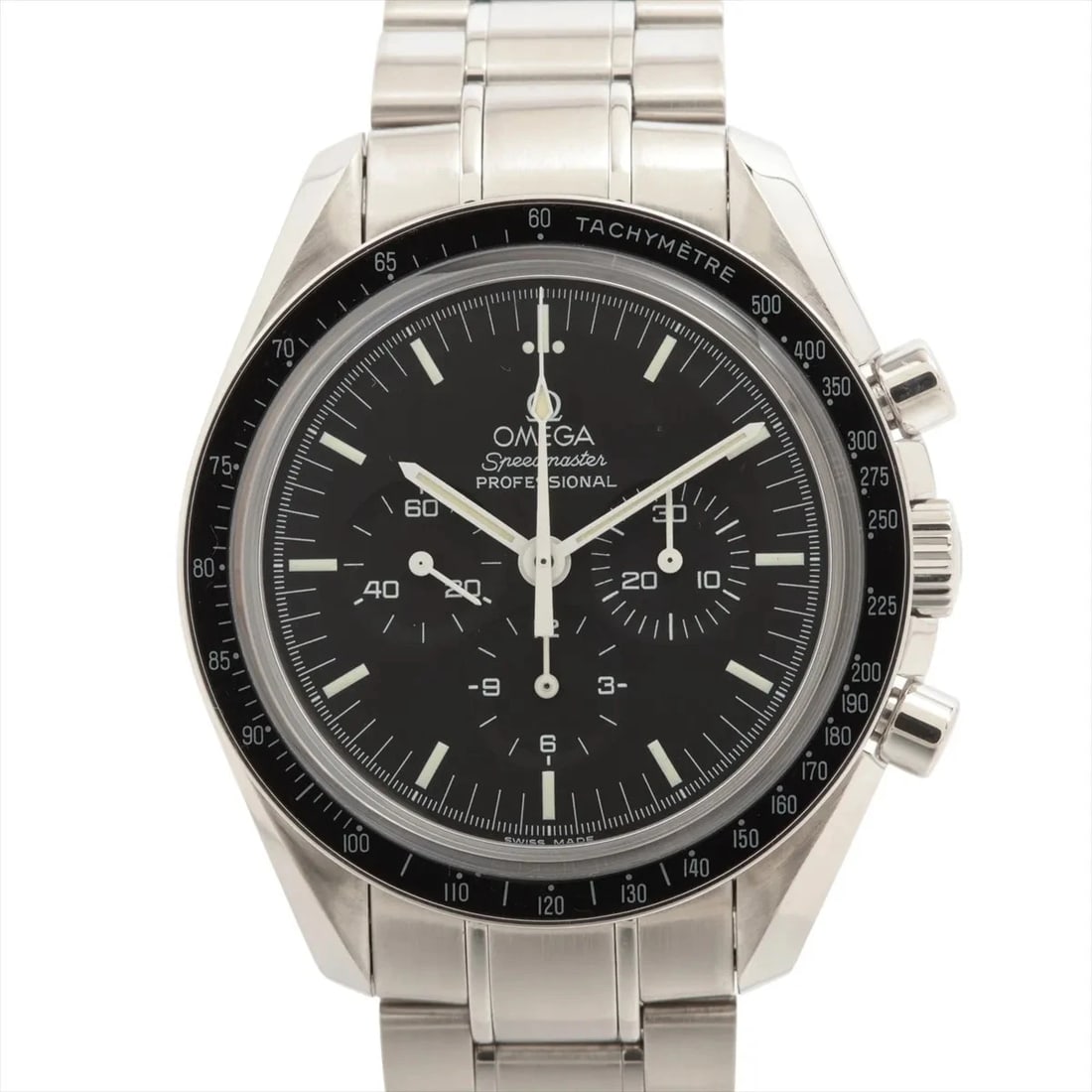 OMEGA SPEEDMASTER PROFESSIONAL MOONWATCH SS BLACK: Omega Speedmaster Professional Moonwatch SS black Brand: Omega Type/Style: Wristwatch Material: SS Color: Dial Color Black Size: Case:W1.6 x H1.6inch / W42 x H42 Circumference of Wrist:6.9inch / 17.5