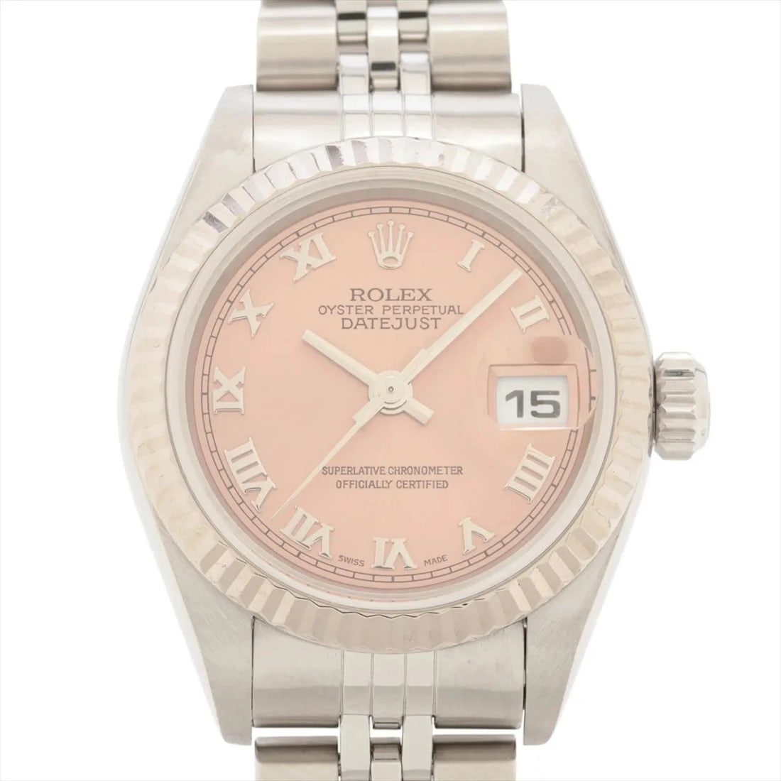 ROLEX DATEJUST SS?WG PINK: Rolex Datejust SS?WG Pink Brand: Rolex Type/Style: Wristwatch Material: SS?WG Color: Dial Color Pink Size: Case:W0.8 x H0.8inch / W26 x H26 Circumference of Wrist:6.9inch / 17.5 Accessories: None