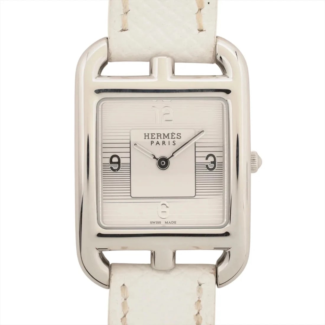 HERMES CAPE COD SS & LEATHER QZ SILVER: Hermes Cape Cod SS & Leather QZ Silver Brand: Hermes Type/Style: Wristwatch Material: SS & Leather Color: Dial Color Silver Size: Case:W0.8 x H1.2inch / W23 x H33 Circumference of Wrist:6.3inch / 16