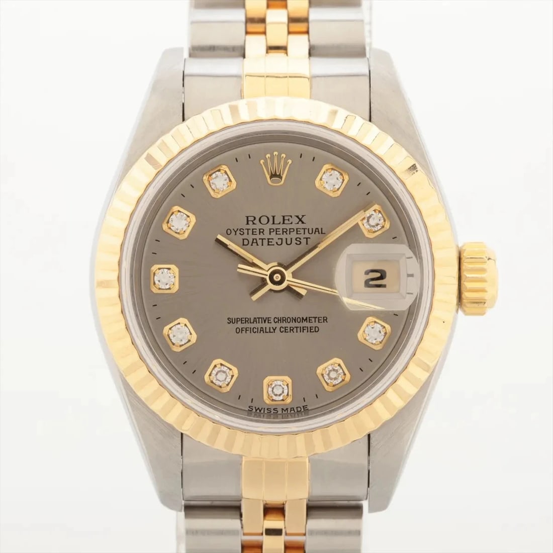 ROLEX DATEJUST SS?YG GRAY: Rolex Datejust SS?YG Gray Brand: Rolex Type/Style: Wristwatch Material: SS?YG Color: Dial Color Gray Size: Case:W0.8 x H0.8inch / W26 x H26 Circumference of Wrist:5.7inch / 14.5 Accessories: None