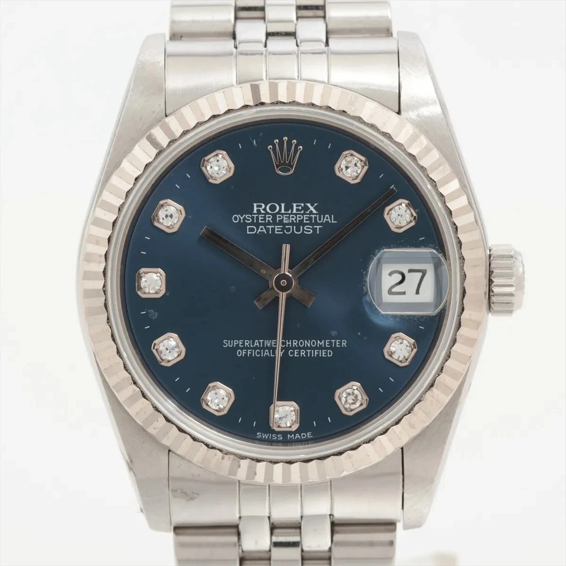 ROLEX DATEJUST SS?WG BLUE: Rolex Datejust SS?WG blue Brand: Rolex Type/Style: Wristwatch Material: SS?WG Color: Dial Color Blue Size: Case:W1.2 x H1.2inch / W31 x H31 Circumference of Wrist:5.5inch / 14 Accessories: None