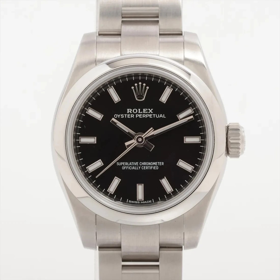 ROLEX OYSTER PERPETUAL SS BLACK: Rolex Oyster Perpetual SS black Brand: Rolex Type/Style: Wristwatch Material: SS Color: Dial Color Black Size: Case:W0.8 x H0.8inch / W26 x H26 Circumference of Wrist:5.3inch / 13.5 Accessories: None