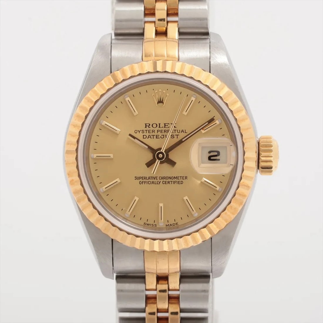 ROLEX DATEJUST SS?YG CHAMPAGNE: Rolex Datejust SS?YG Champagne Brand: Rolex Type/Style: Wristwatch Material: SS?YG Color: Dial Color Champagne Size: Case:W0.8 x H0.8inch / W26 x H26 Circumference of Wrist:5.5inch / 14 Accessories: