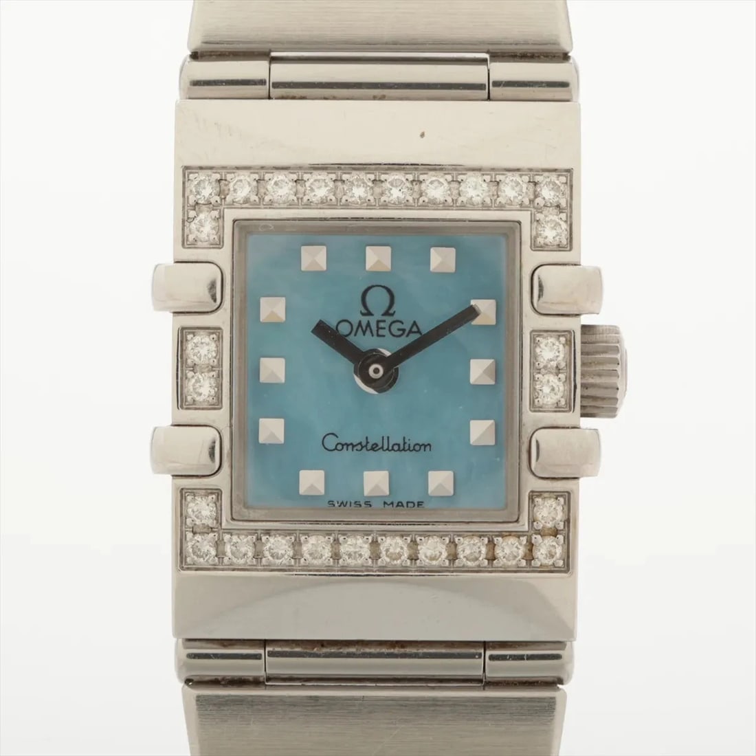 OMEGA CONSTELLATION SS QZ BLUESHELL: Omega Constellation SS QZ BlueShell Brand: Omega Type/Style: Wristwatch Material: SS Color: Dial Color blue shell Size: Case:W0.4 x H0.8inch / W15 x H20 Circumference of Wrist:5.3inch / 13.5