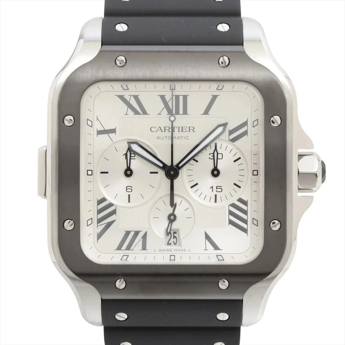 CARTIER SANTOS CHRONOGRAPH SS & RUBBER SILVER: Cartier Santos Chronograph SS & Rubber Silver Brand: Cartier Type/Style: Wristwatch Material: SS & Rubber Color: Dial Color Silver Size: Case:W1.6 x H1.6inch / W43.3 x H43.3 Circumference of Wrist:8.5