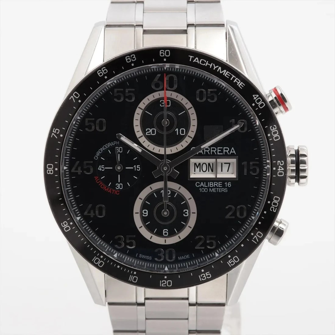 TAG HEUER CARRERA SS BLACK: TAG Heuer Carrera SS black Brand: TAG Heuer Type/Style: Wristwatch Material: SS Color: Dial Color Black Size: Case:W1.6 x H1.6inch / W43 x H43 Circumference of Wrist:6.3inch / 16 Accessories: None