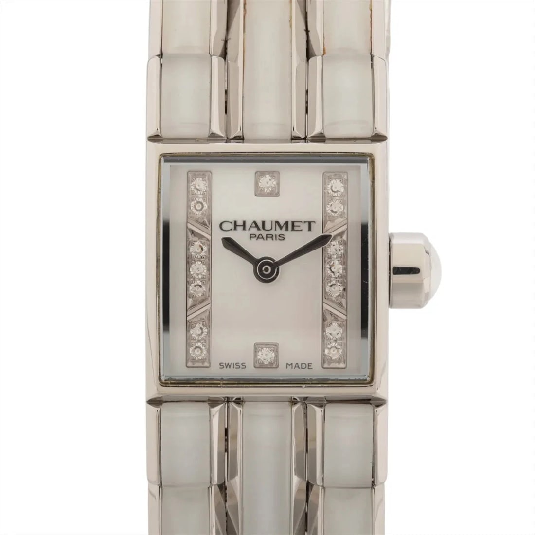 CHAUMET KHESIS SS WHITE SHELL: Chaumet Khesis SS white shell Brand: Chaumet Type/Style: Wristwatch Material: SS Color: Dial Color white shell Size: Case:W0.4 x H0.8inch / W14 x H25 Circumference of Wrist:6.3inch / 16 Accessories: