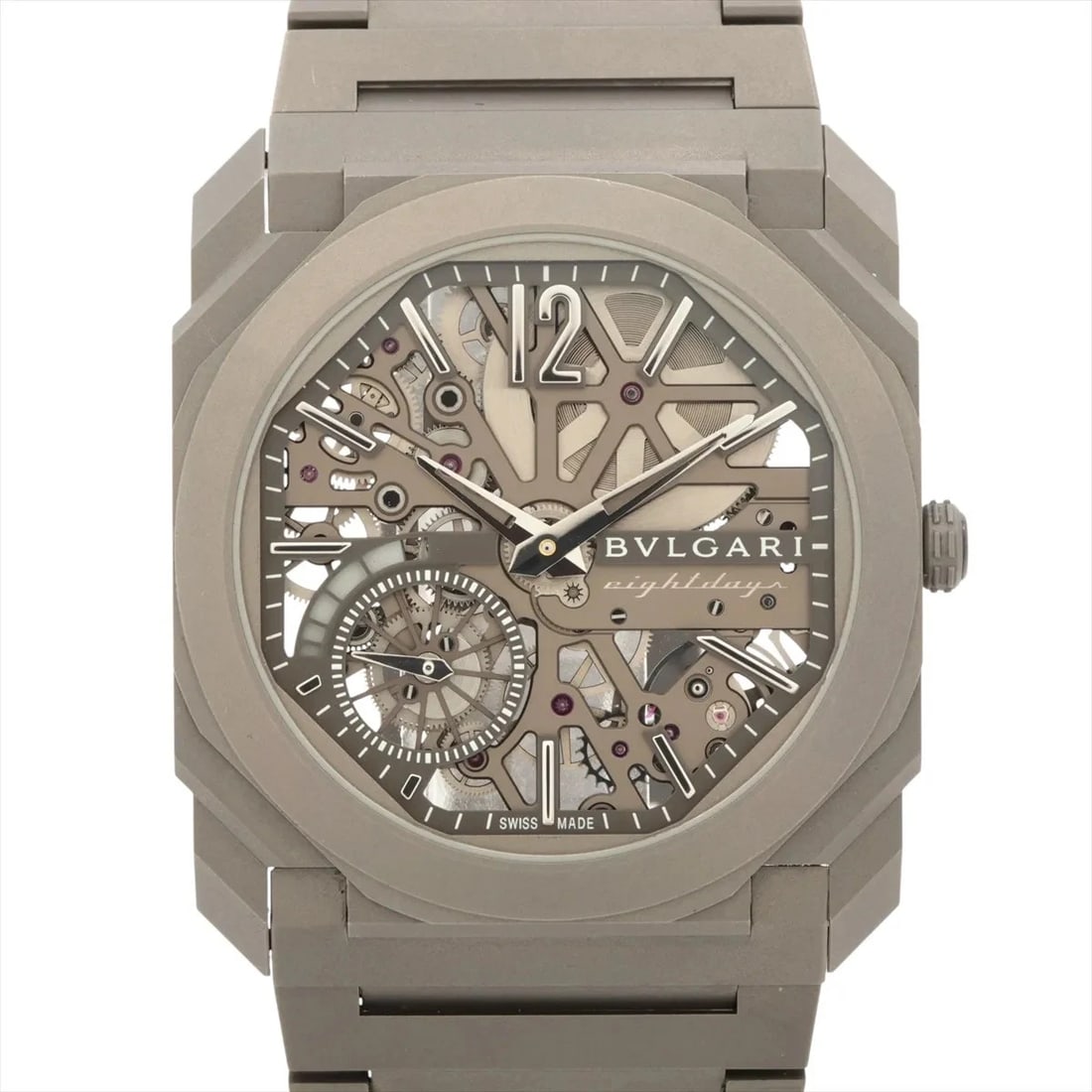 BVLGARI OCTO SKELETON TI: Bvlgari Octo Skeleton TI Brand: Bvlgari Type/Style: Wristwatch Material: TI Color: Dial Color Skeleton Size: Case:W1.6 x H1.6inch / W40 x H40 Circumference of Wrist:7.3inch / 18.5 Accessories: None