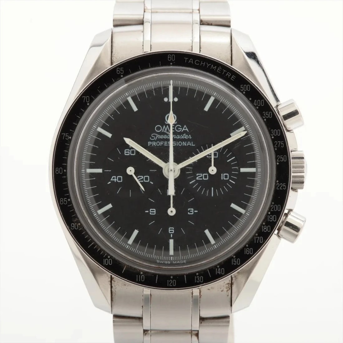 OMEGA SPEEDMASTER MOONWATCH PROFESSIONAL SS BLACK: Omega Speedmaster Moonwatch professional SS black Brand: Omega Type/Style: Wristwatch Material: SS Color: Dial Color Black Size: Case:W1.6 x H1.6inch / W42 x H42 Circumference of Wrist:6.1inch / 15.5