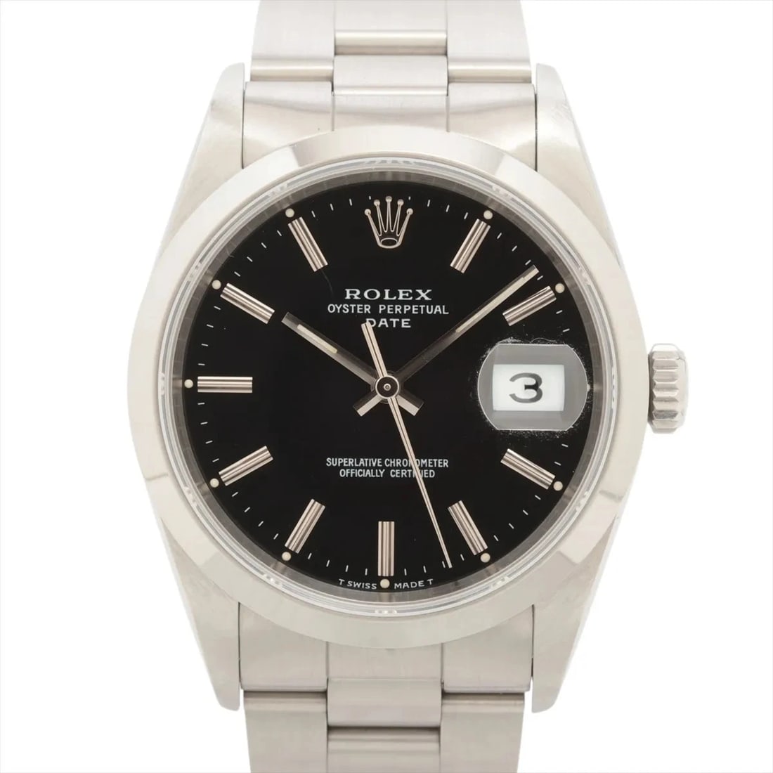 ROLEX OYSTER PERPETUAL DATE SS BLACK: Rolex Oyster Perpetual Date SS black Brand: Rolex Type/Style: Wristwatch Material: SS Color: Dial Color Black Size: Case:W1.2 x H1.2inch / W34 x H34 Circumference of Wrist:5.5inch / 14 Accessories