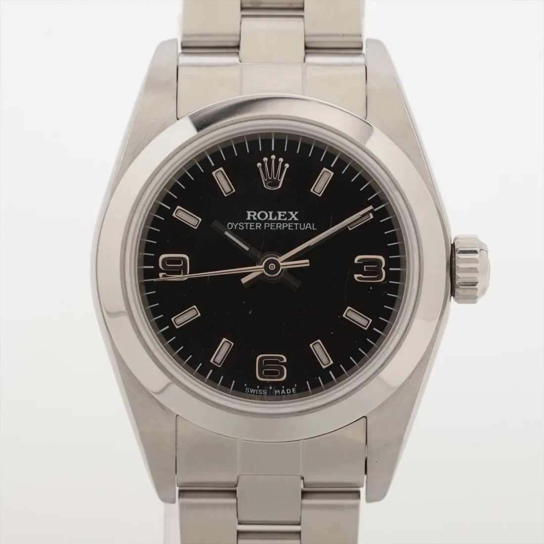 ROLEX OYSTER PERPETUAL SS BLACK: Rolex Oyster Perpetual SS black Brand: Rolex Type/Style: Wristwatch Material: SS Color: Dial Color Black Size: Case:W0.8 x H0.8inch / W24 x H24 Circumference of Wrist:5.1inch / 13 Accessories: None