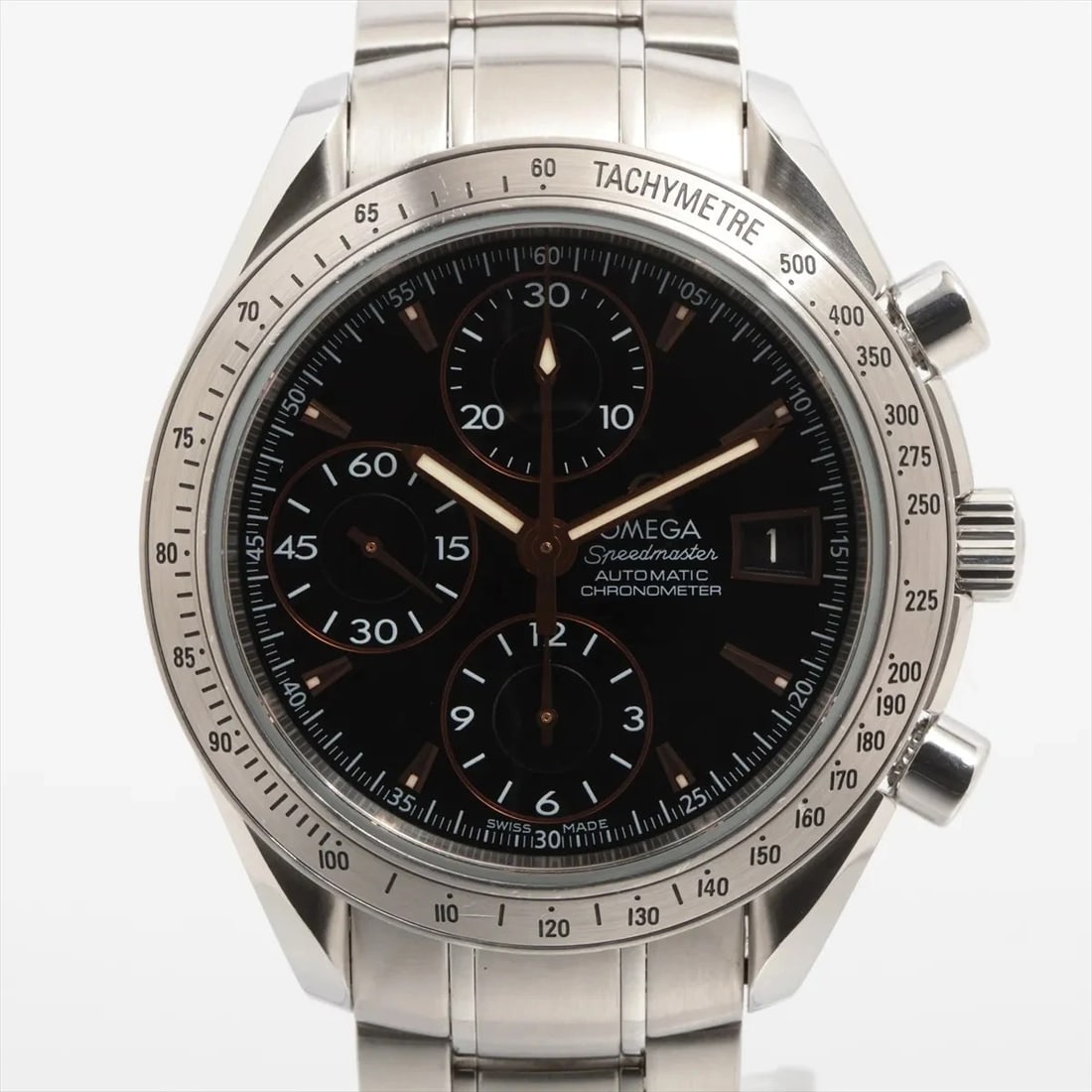 OMEGA SPEEDMASTER DATE CHRONOMETER SS BLACK: Omega Speedmaster Date Chronometer SS black Brand: Omega Type/Style: Wristwatch Material: SS Color: Dial Color Black Size: Case:W1.6 x H1.6inch / W40 x H40 Circumference of Wrist:6.5inch / 16.5