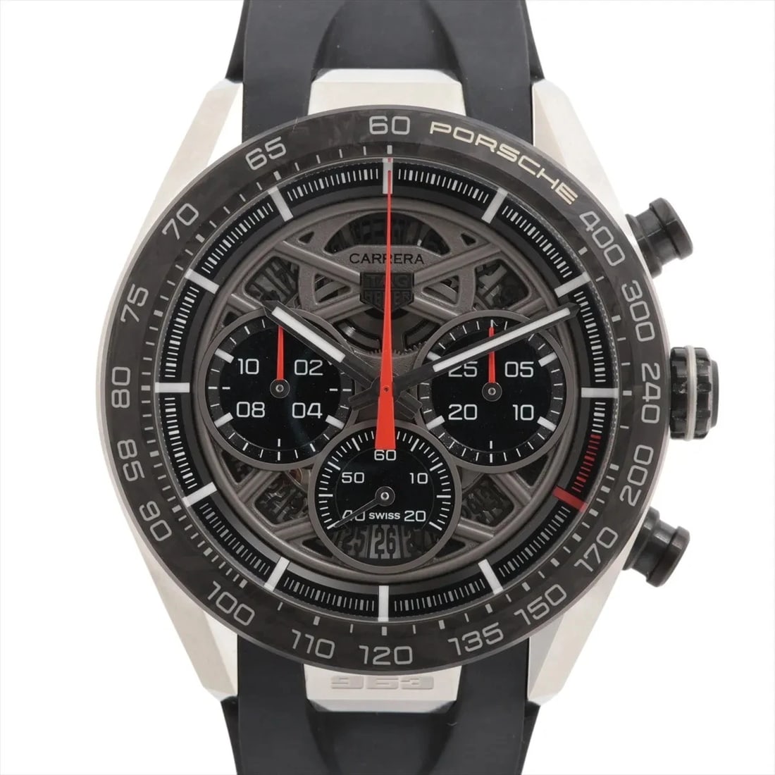 TAG HEUER CARRERA CHRONOGRAPH SS: TAG Heuer Carrera Chronograph SS Brand: TAG Heuer Type/Style: Wristwatch Material: SS x carbon x rubber Color: Dial Color Skeleton Size: Case:W1.6 x H1.6inch / W44 x H44 Circumference of