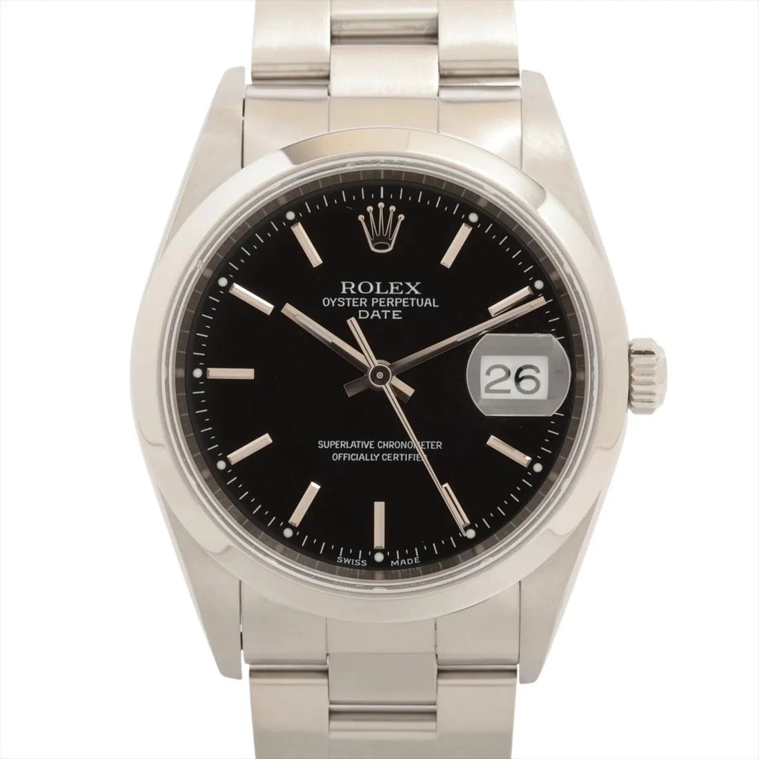 ROLEX OYSTER PERPETUAL DATE SS BLACK: Rolex Oyster Perpetual Date SS black Brand: Rolex Type/Style: Wristwatch Material: SS Color: Dial Color Black Size: Case:W1.2 x H1.2inch / W34 x H34 Circumference of Wrist:6.9inch / 17.5 Accessories: