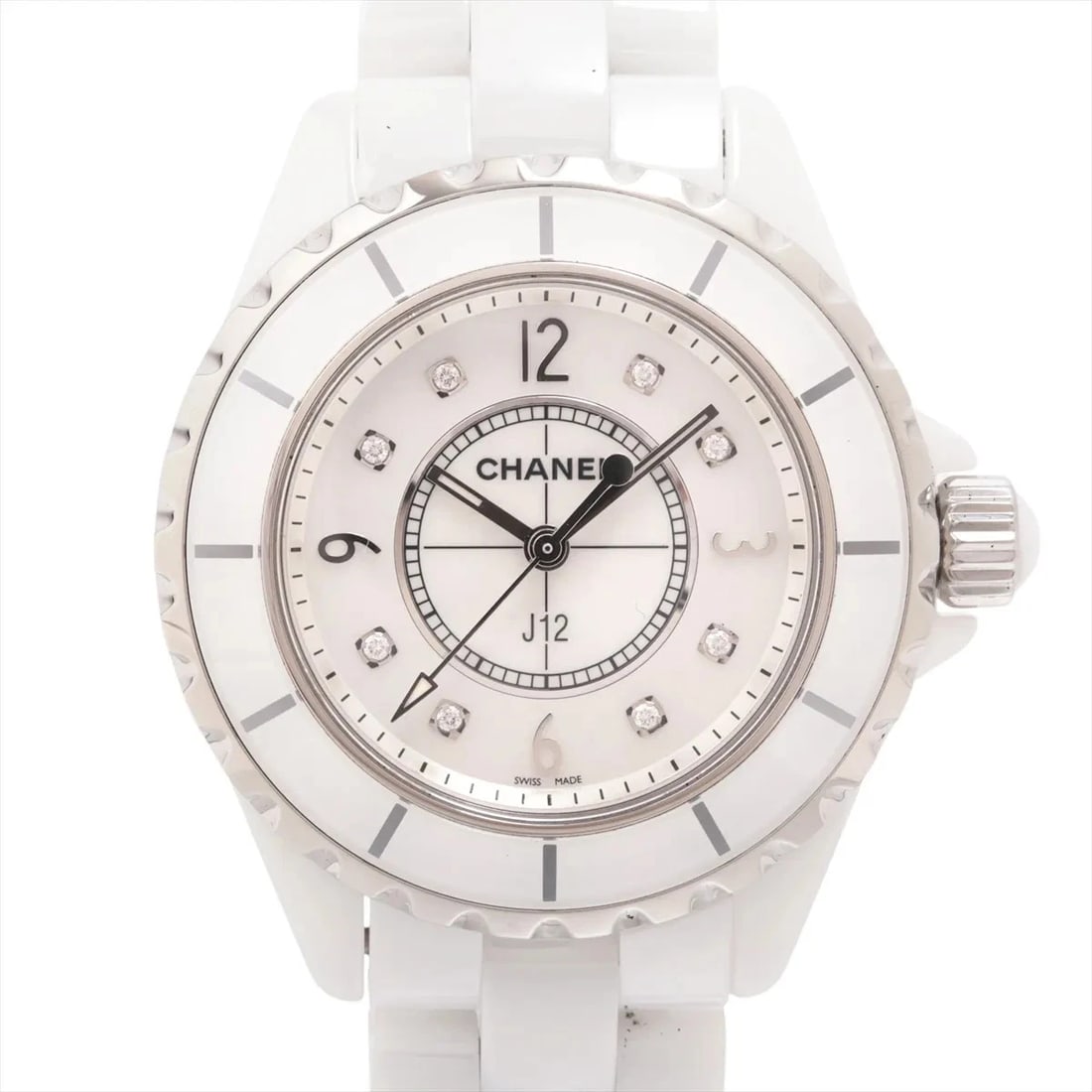 CHANEL J12 CE?SS QZ WHITE SHELL: Chanel J12 CE?SS QZ white shell Brand: Chanel Type/Style: Wristwatch Material: CE?SS Color: Dial Color white shell Size: Case:W1.2 x H1.2inch / W34 x H34 Circumference of Wrist:6.7inch / 17