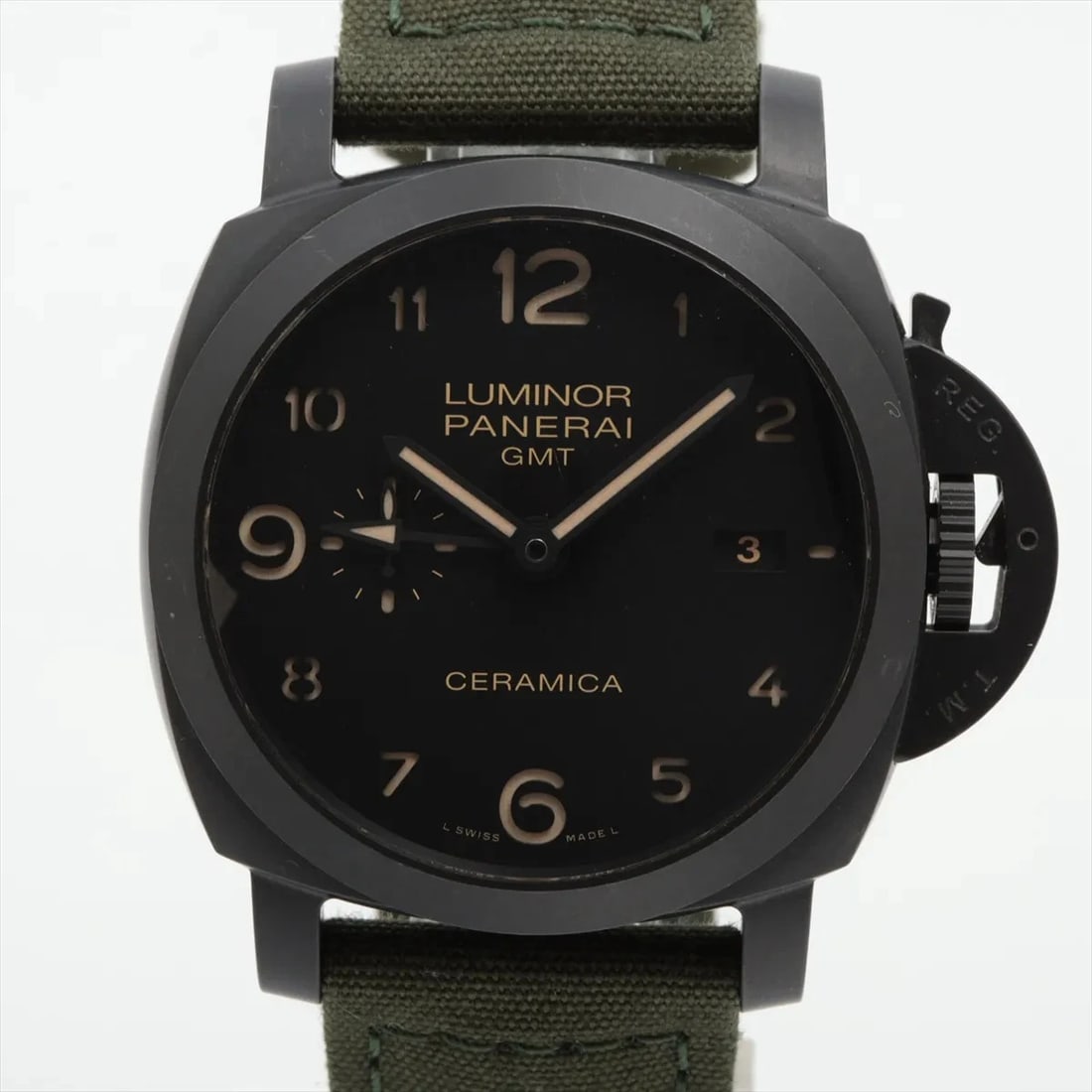 PANERAI LUMINOR GMT TI X NYLON BLACK: Panerai Luminor GMT TI x nylon black Brand: Panerai Type/Style: Wristwatch Material: CE x nylon Color: Dial Color Black Size: Case:W1.6 x H1.6inch / W43 x H43 Circumference of Wrist:0.0inch / 00 A