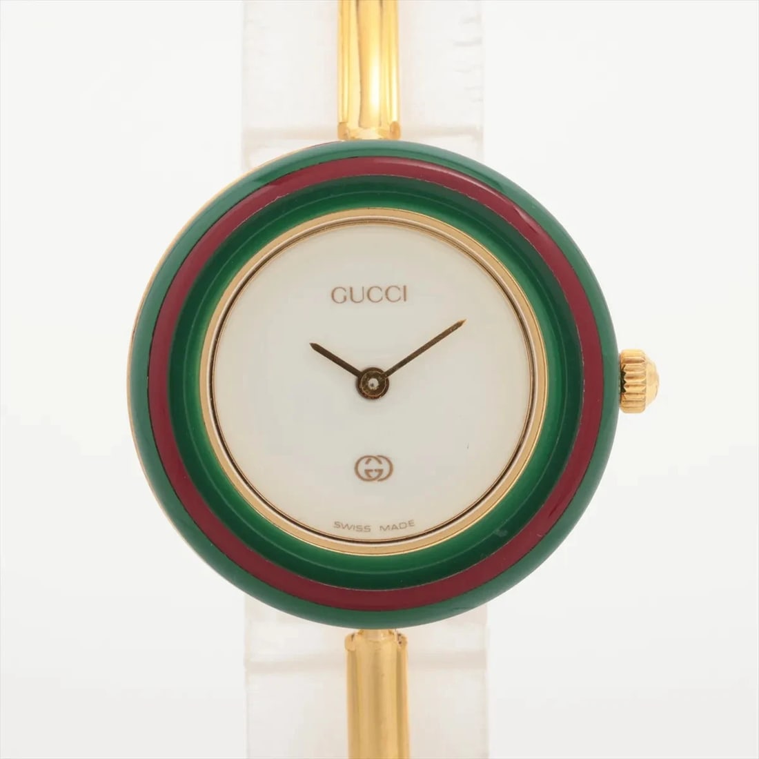 GUCCI BEZEL GP QZ WHITE: Gucci Bezel GP QZ white Brand: Gucci Type/Style: Wristwatch Material: GP Color: Dial Color White Size: Case:W0.8 x H0.8inch / W26 x H26 Circumference of Wrist:6.5inch / 16.5 Accessories: None