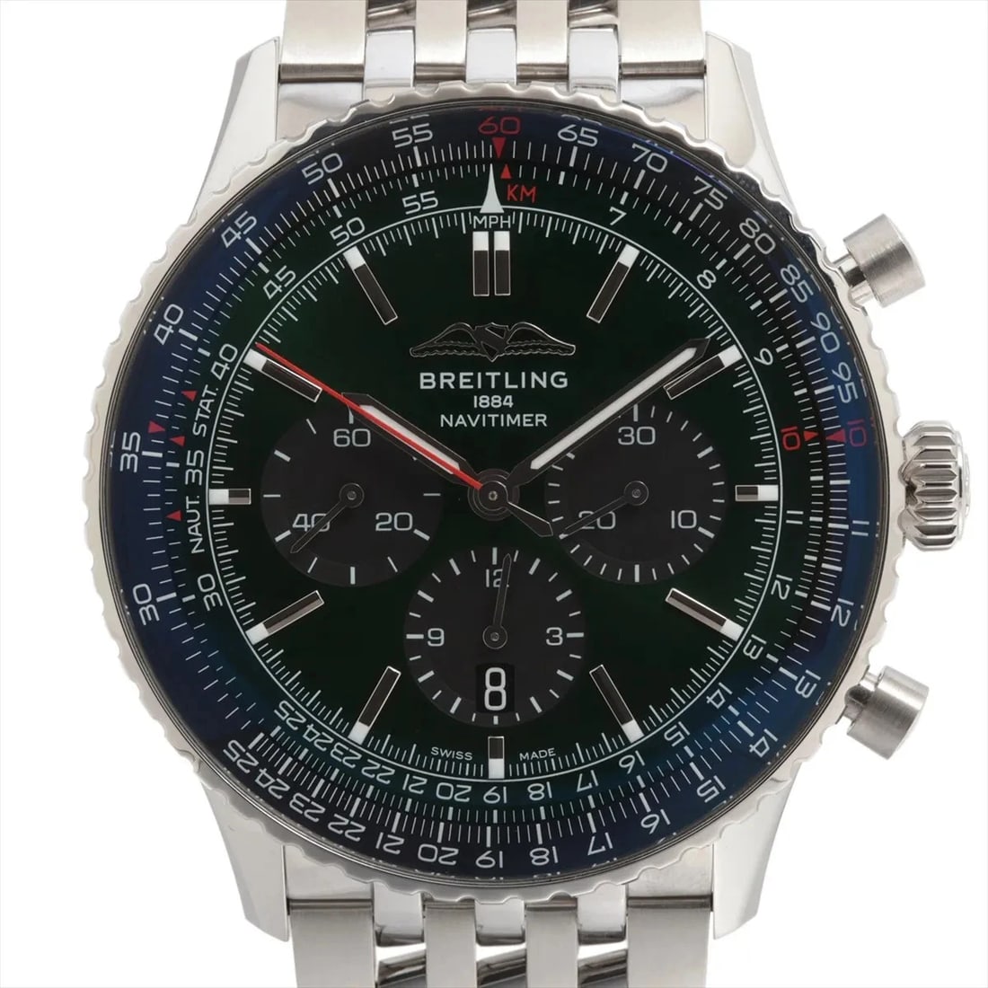 BREITLING NAVITIMER CHRONOGRAPH SS GREEN: Breitling Navitimer Chronograph SS Green Brand: Breitling Type/Style: Wristwatch Material: SS Color: Dial Color Green Size: Case:W1.6 x H1.6inch / W46 x H46 Circumference of Wrist:7.7inch / 19.5
